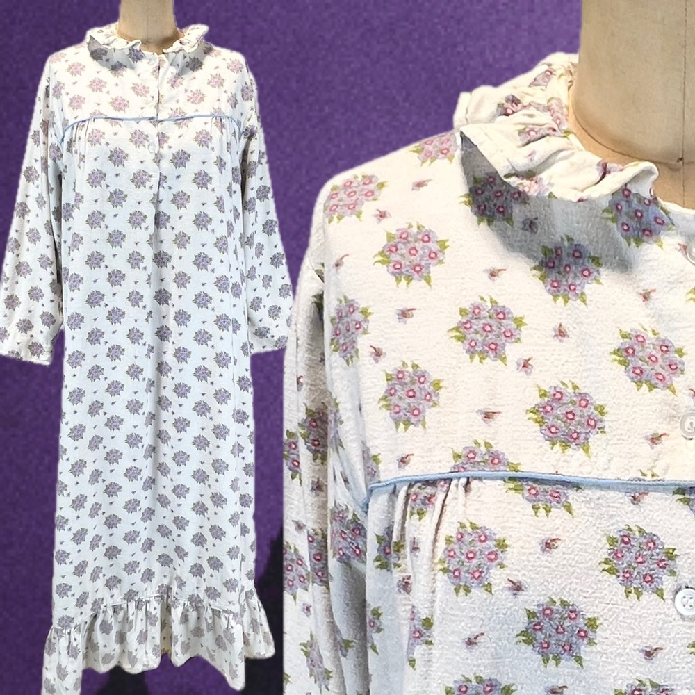 VINTAGE floral flannel brushed cotton floral nightgown‎ ruffle maxi long sleeve